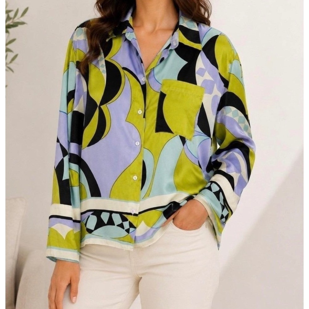 Zara Satin-Effect Wide Cuff Abstract Print Button Down Blouse Shirt Size XL